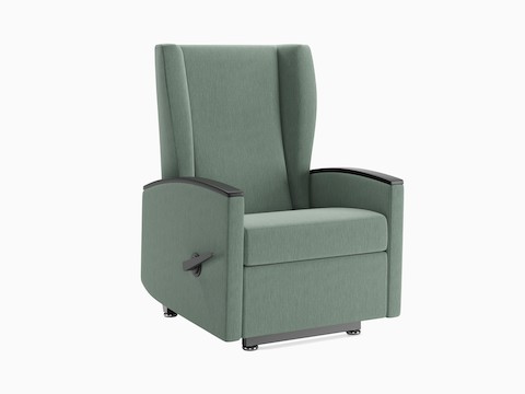 Culla Reclining Glider in green upholstery with black curved arm caps.