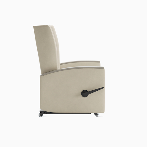 Culla Reclining Glider in beige upholstery, viewed from the side.