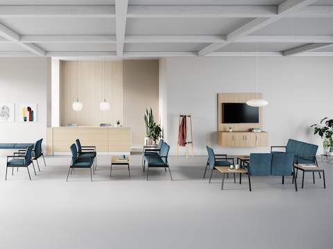 A waiting area setting with Easton Easy Access chairs, Side Chairs, Multiple Seating and Plus Chairs all in blue in various configurations.