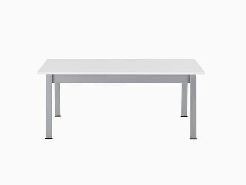Front view of an Easton Coffee Table with a glacier white Corian top and metallic silver legs.