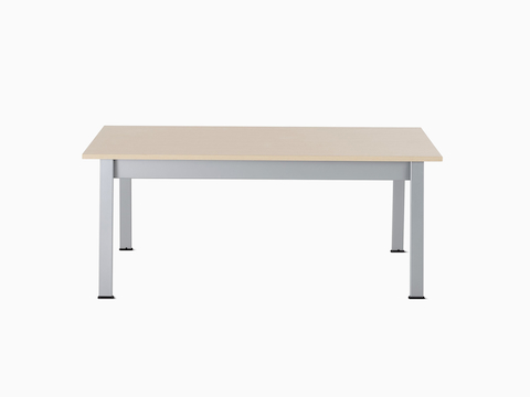 Front view of an Easton Coffee Table with a clear on ash laminate top and metallic silver legs.