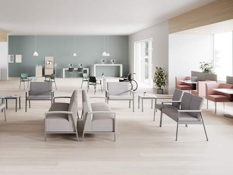 A waiting area with Easton Multiple Seating, Side Chairs, Plus Seating and Tables, Palisade Booths, Verus Side Chairs and Headway Tables.