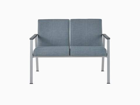 Front view of Easton Multiple Seating with two seats, blue upholstery, metallic silver frame and grey arm caps.