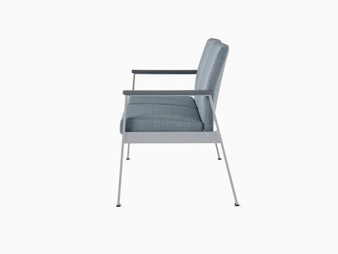 Side view of Easton Multiple Seating with two seats, blue upholstery, metallic silver frame and grey arm caps.