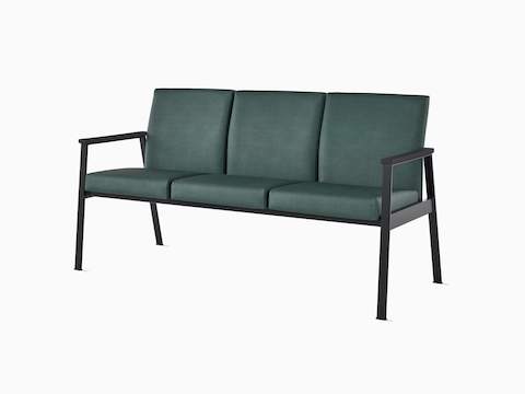 Front angle view of Easton Multiple Seating with three seats, green upholstery, black frame and black arm caps.