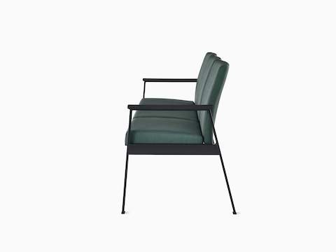Side view of Easton Multiple Seating with three seats, green upholstery, black frame and black arm caps.