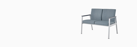 Front-angle view of Easton Multiple Seating with two seats, blue upholstery, metallic silver frame, and gray arm caps.