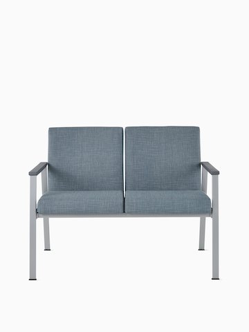Front view of Easton Multiple Seating with two seats, blue upholstery, metallic silver frame, and gray arm caps.