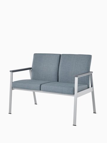 Front angle view of Easton Multiple Seating with two seats, blue upholstery, metallic silver frame, and gray arm caps.