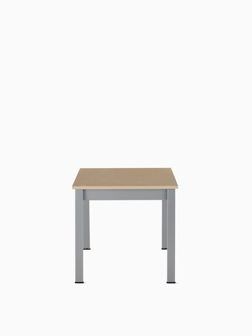 Front view of an Easton Side Table with a clear on ash laminate top and metallic silver legs.