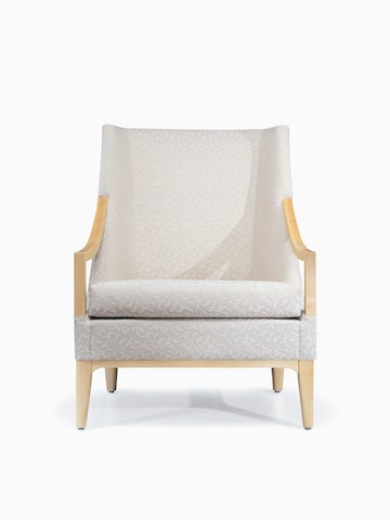 Front view of Nemschoff Iris Lounge Chair in a cream upholstery and light wood arms, base, and legs.