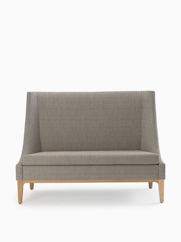 Nemschoff Iris Settee in a gray upholstery and light wood base and legs, viewed from the front.
