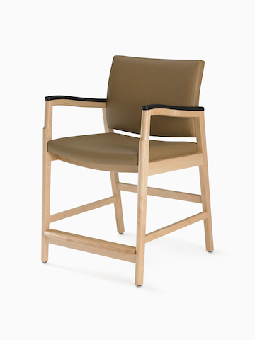 A three-quarter view of the Monarch Easy Access Chair in tan fabric with solid hardwood frame and urethane arm caps.