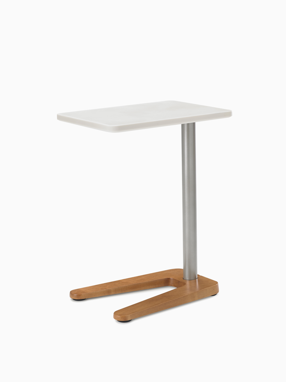 A Palisade Mobile Table with a walnut base, silver legs, and a white top.