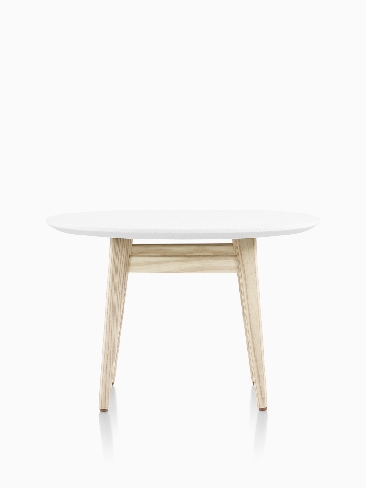 Round Palisade Side Table with white surface and wood legs.