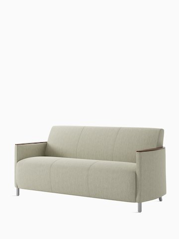 A Pamona 3-seat sofa in gray textile with wood arm caps. Select to view the Pamona Sofa product page.