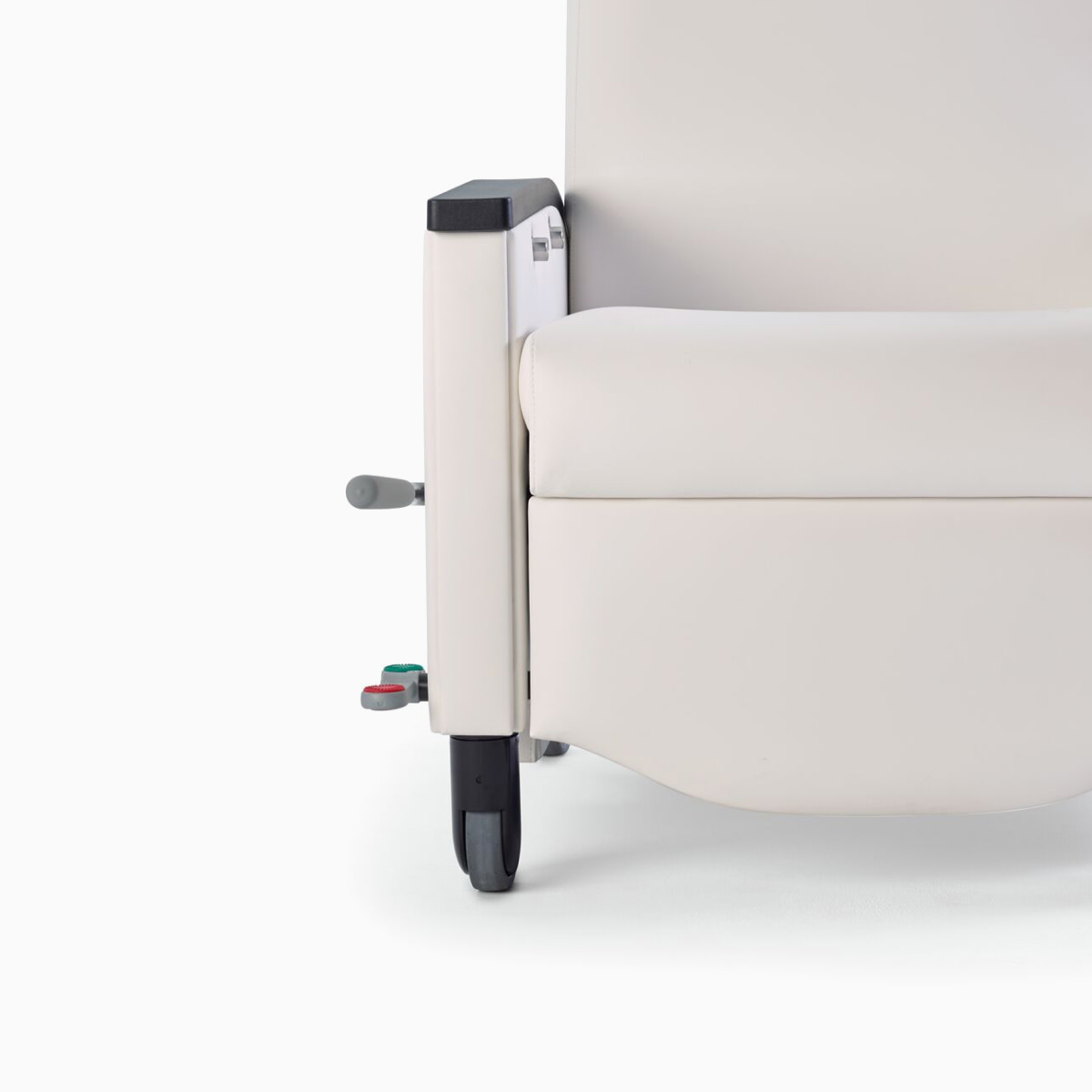 Close-up of replaceable components on Nemschoff Pristo Recliner in a white upholstery.