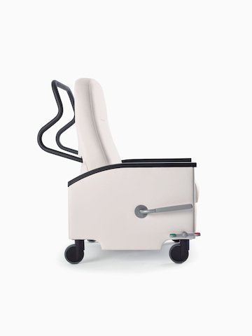 Nemschoff Pristo Recliner in a white upholstery with black arm caps and wheels, viewed from the side.