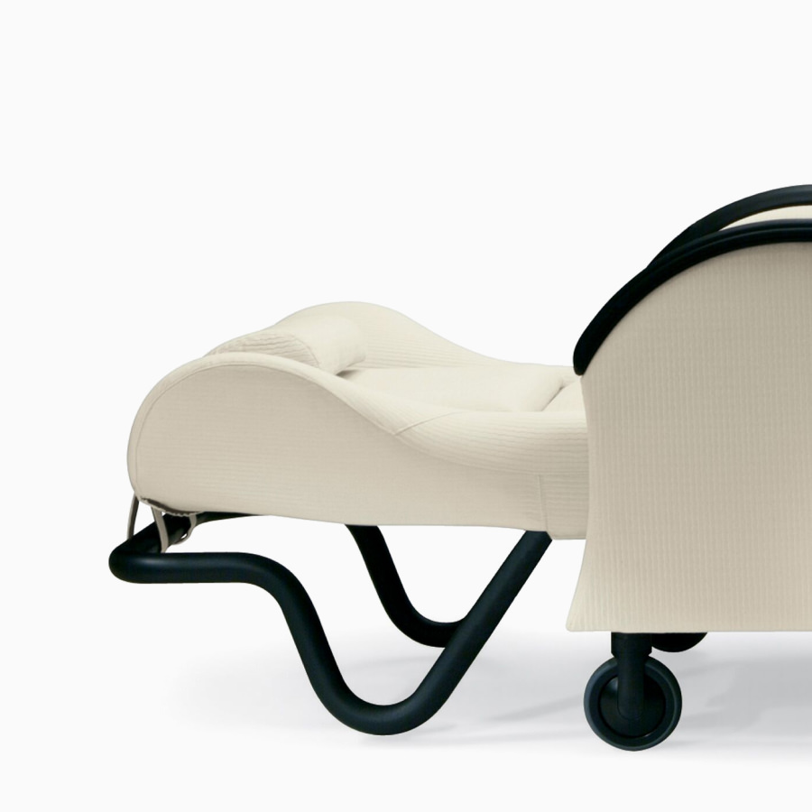 Close-up of a Nemschoff Serenity Recliner back reclined to a lay flat position.