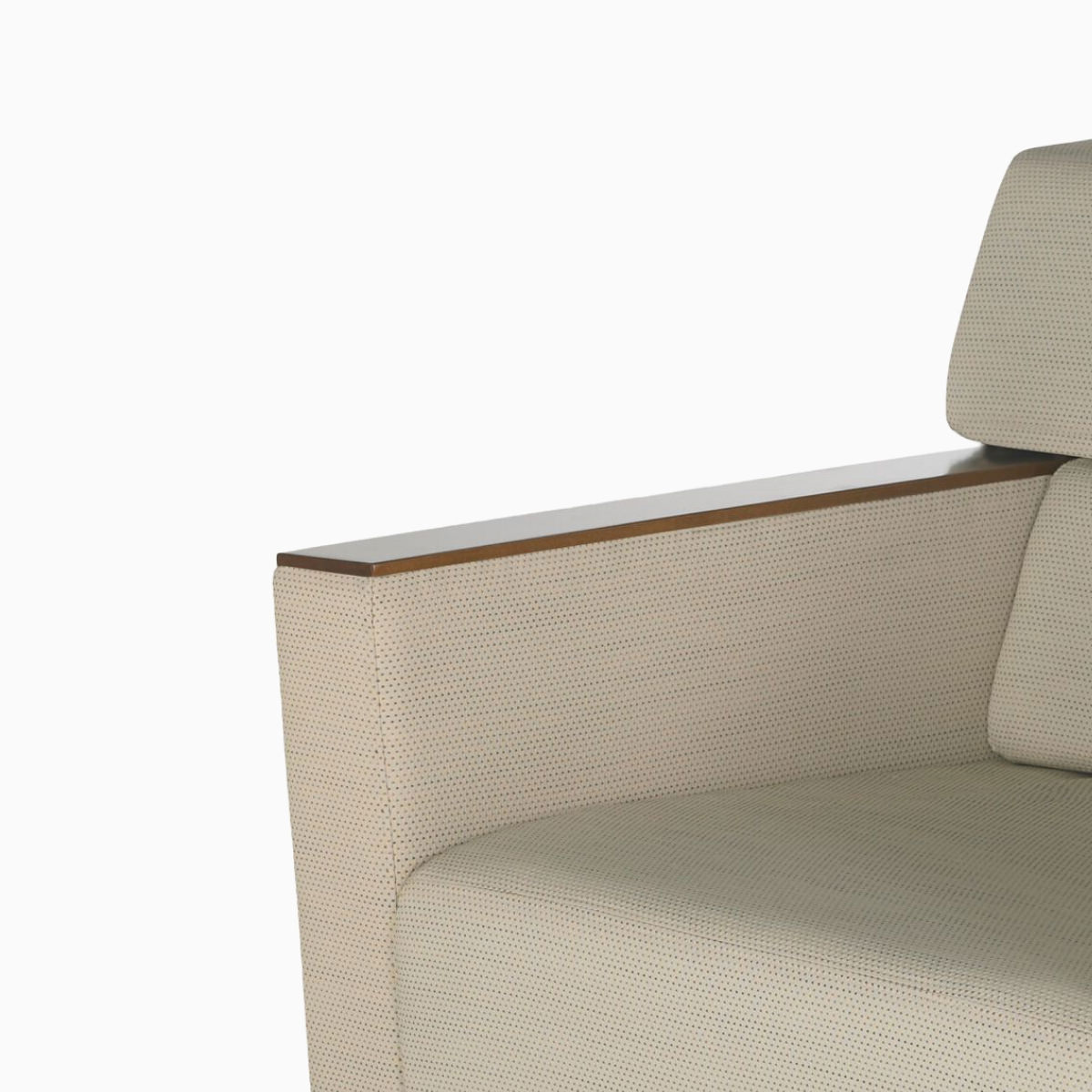 Close-up of a wood arm cap on Nemschoff Steps Lounge System.