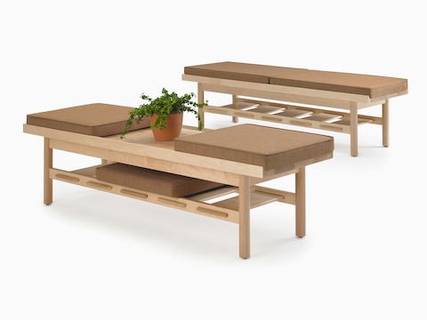 Two Tamarack Table and Benches in maple with brown cushions.