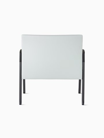 Three-quarter back view of a Valor Plus Chair in a light gray upholstery and black frame on white sweep.