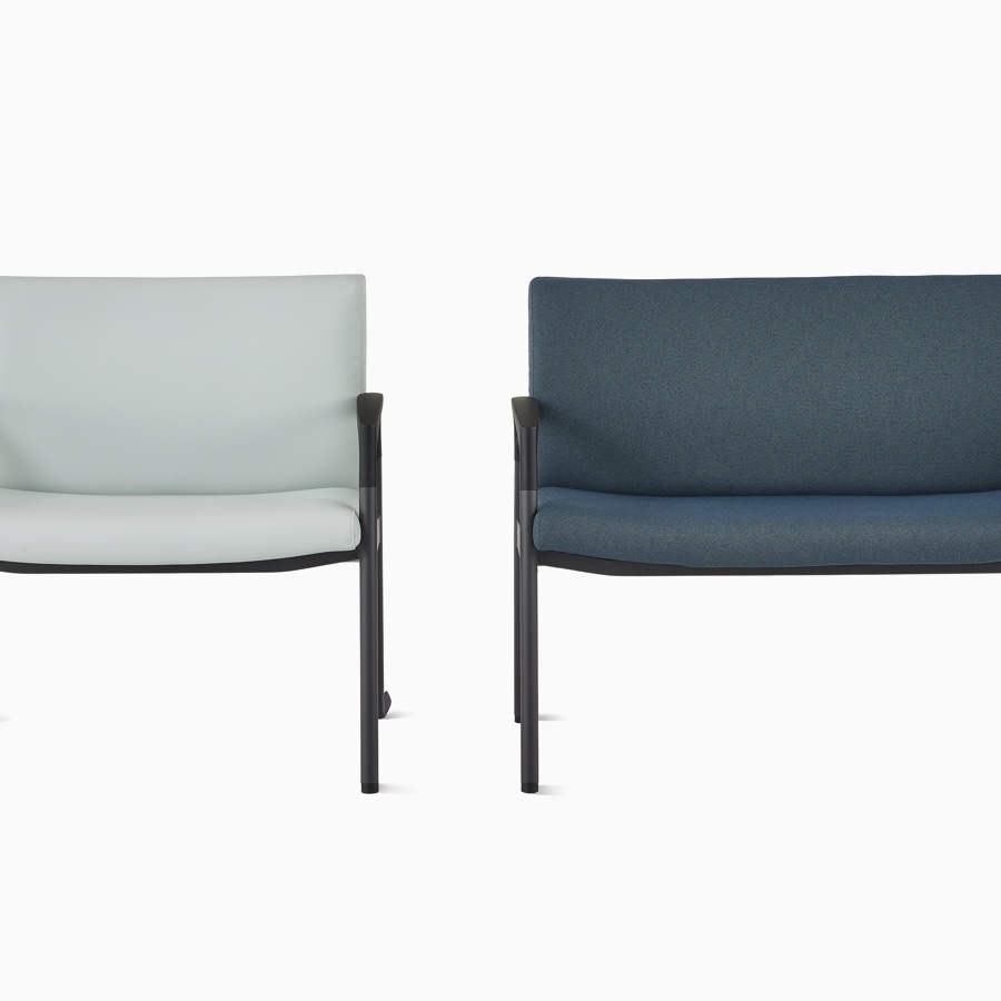 Two Valor Plus Chairs: a 33-inch with gray upholstery and black frame and a 43-inch with dark blue upholstery and black frame.