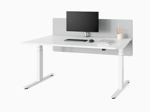 Bureau assis-debout Nevi blanc avec écran de séparation gris, réglé en position assis.