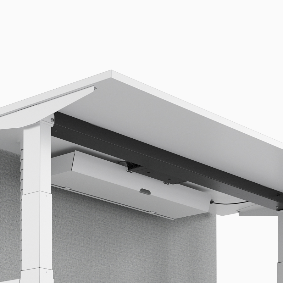 The underside of a white Nevi Sit-Stand Desk at standing height.