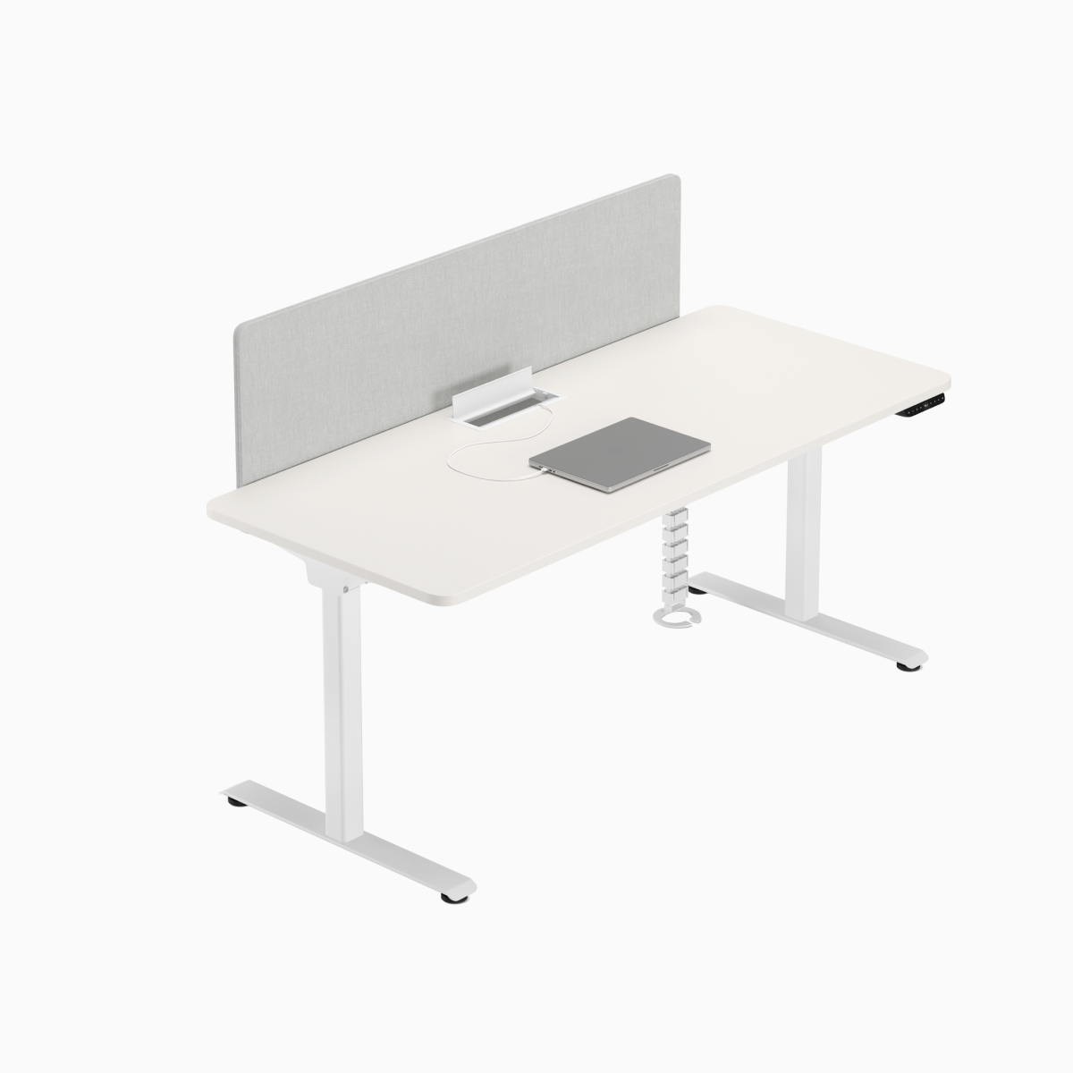 Overhead view of a freestanding Nevi Sit-to-Stand Desk in white with an open access flap. 