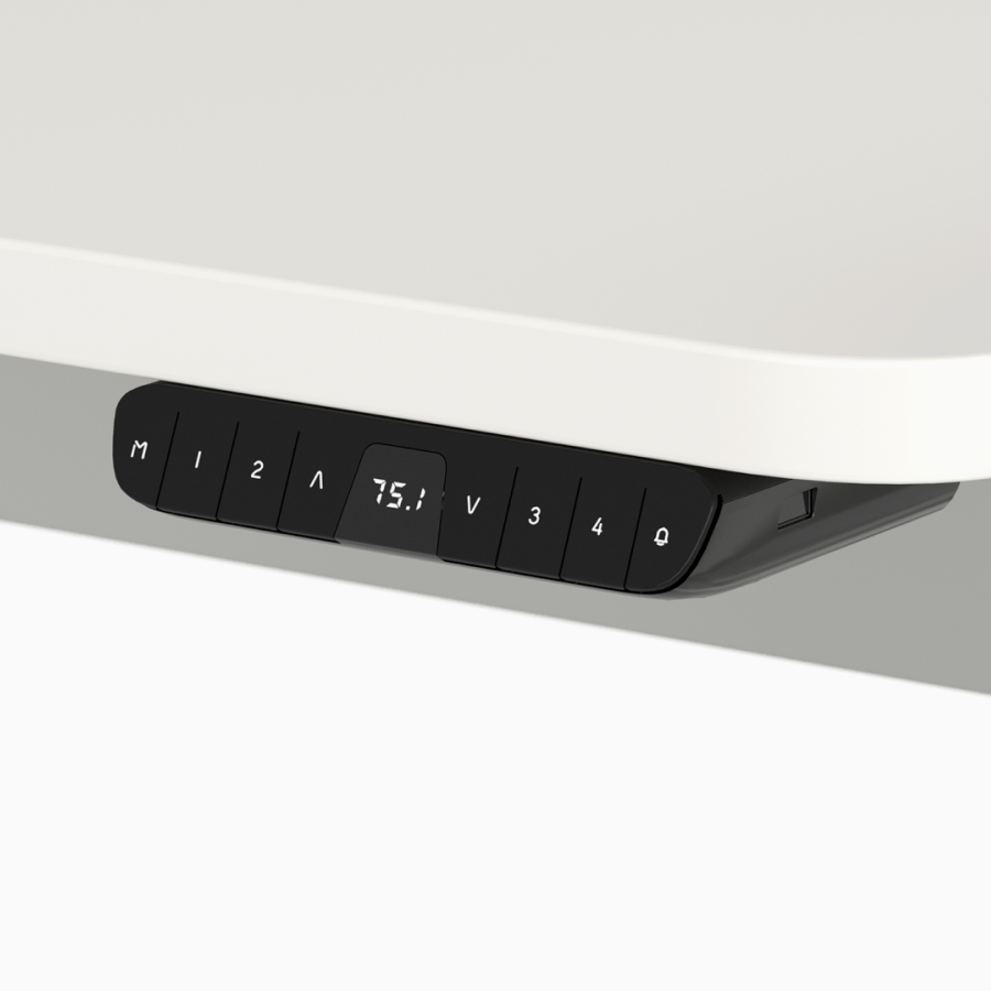 Four-position memory-switch detail on Nevi Sit-to-Stand Desk. 