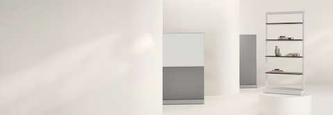 Three OE1 Agile Walls in an assortment of configurations, including marker boards, fabric tiles and full shelves.