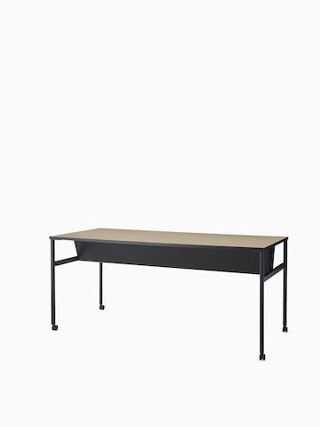 Dark blue, single sided OE1 Communal Table with light brown surface, viewed from an angle.