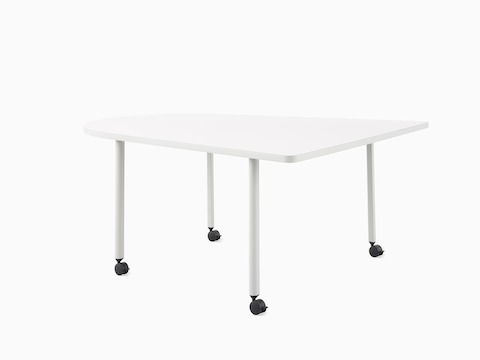 An OE1 Huddle Table with white surface and grey legs, viewed from an angle.