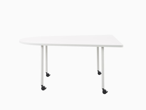 An OE1 Huddle Table with white surface and grey legs, viewed from the side.
