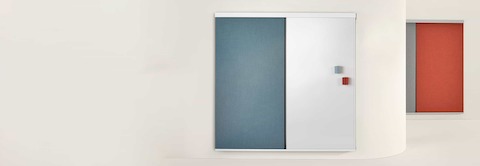 Two OE1 Wall Rails with light blue, grey and red fabric project boards and a marker board.