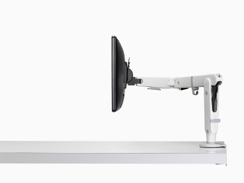 A white Ollin single-monitor arm, viewed from the side.