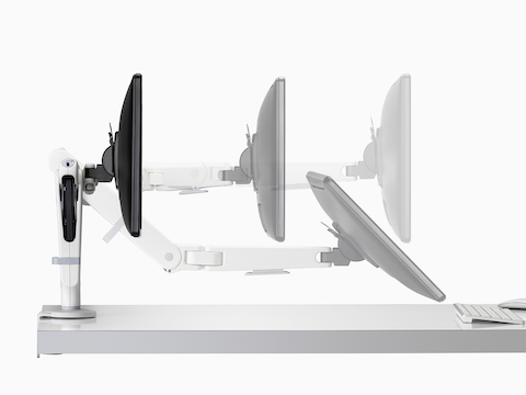 Side view of an adjustable Ollin Monitor Arm positioning a monitor at different focal distances and angles.