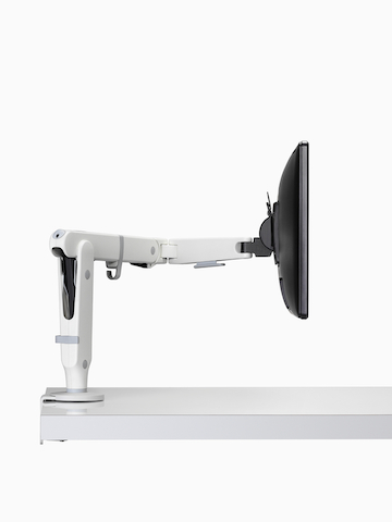 A white Ollin single-monitor arm, viewed from the side.