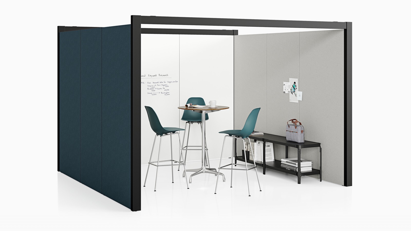 A three-sided Overlay space with white markerboard and light gray interior walls with three stools and a table inside. A three-sided Overlay space with white markerboard and light gray interior walls with three stools and a table inside.