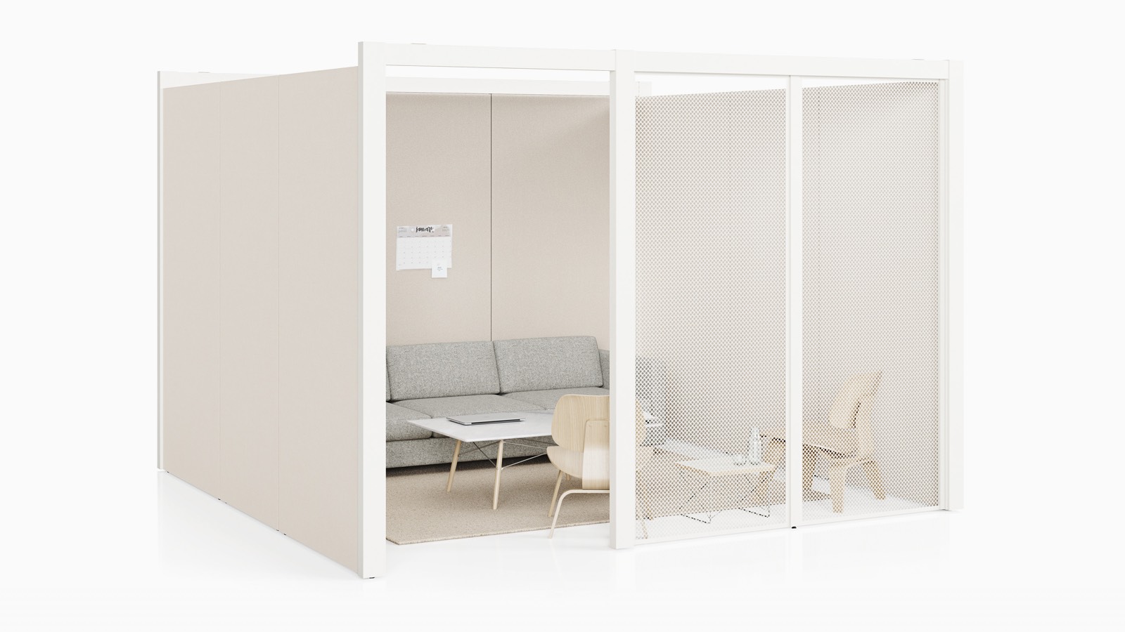 A semi-enclosed Overlay room with an off-white tackable fabric and white perforated metal exterior walls with a couch, tables, and two chairs inside. A semi-enclosed Overlay room with an off-white tackable fabric and white perforated metal exterior walls with a couch, tables, and two chairs inside.