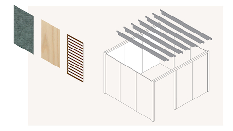 A graphic of a deconstructed, enclosed Overlay room with three walls next to each other and a gray trellis floating above the room.