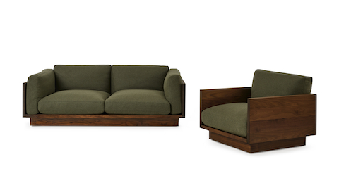 Pawson Drift Lounge Chair and Sofa 80 in, Walnut and Green textile (Luce agrarian)
