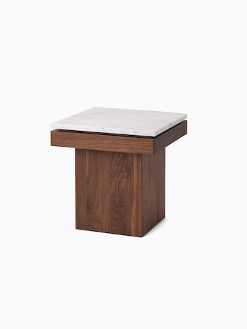 Pawson Drift Side Table with walnut base and white marble top, viewed from an angle.