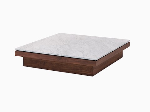 Pawson Drift Coffee Table with walnut base and white marble top, viewed from an angle.