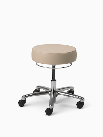 A tan Physician Stool with aluminum base and polyurethane casters.