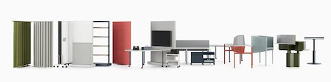 Various OE1 Workspace Collection products including movable walls, freestanding curtains, tables, storage trolleys, privacy screens and height-adjustable tables, with a white background.