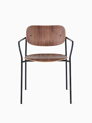 Portrait Chair with Walnut seat and back, and black frame with arms.