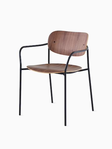 Portrait Chair with Walnut seat and back, and black frame with arms.