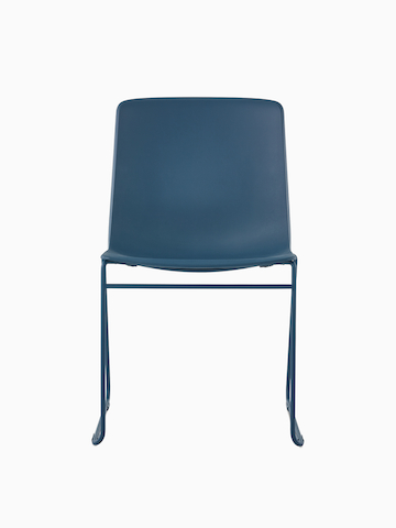 A peacock blue Pronta Stacking Chair with a chrome base and glides.